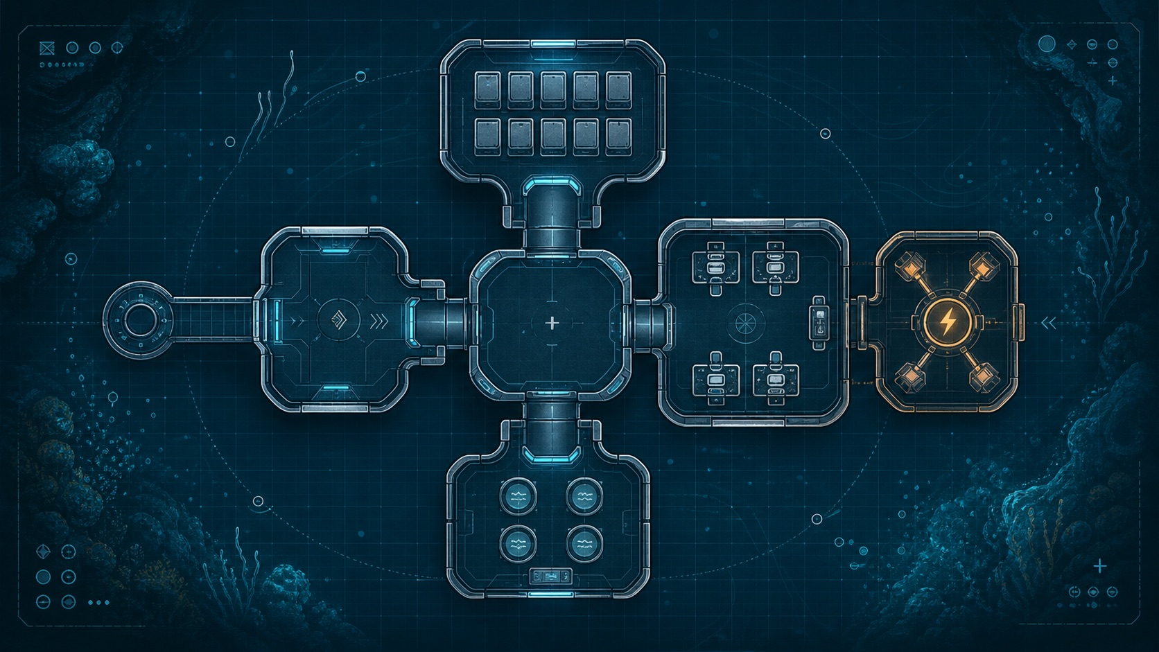 Original compact underwater base layout blueprint illustration